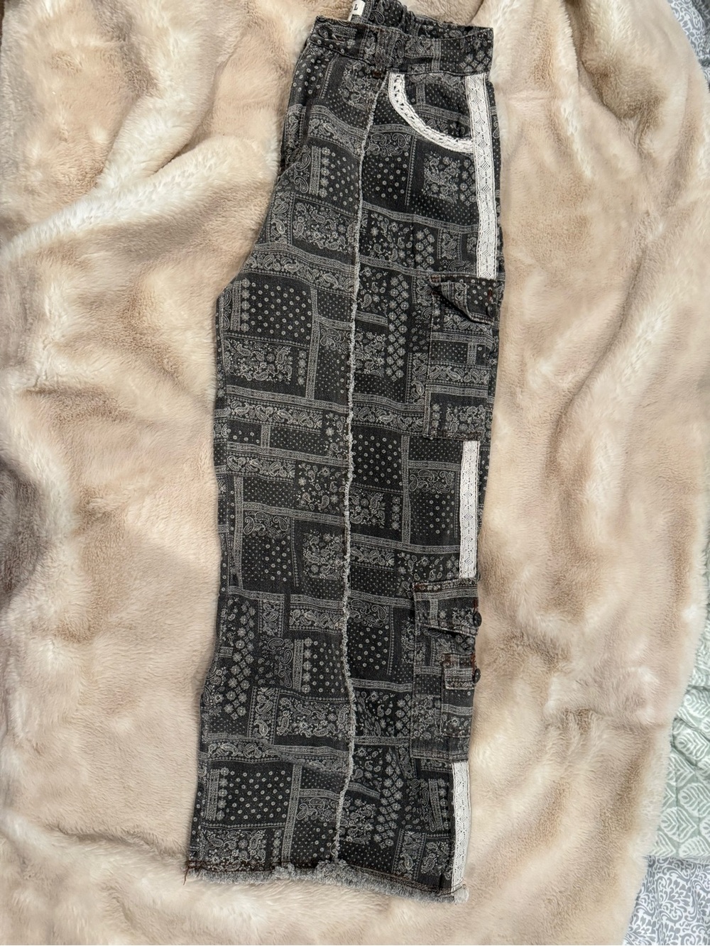POL Brown and White Patchwork Print Wide-Leg Pants